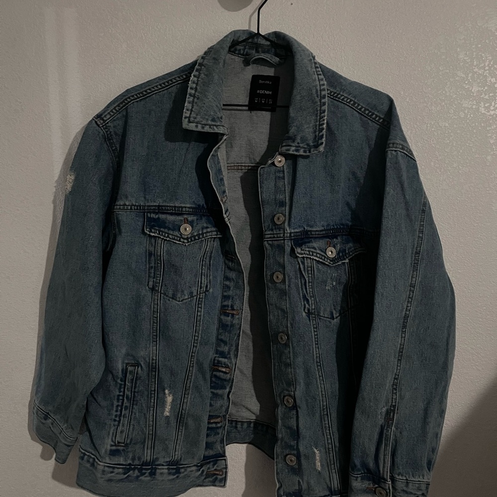 Bershka Men's Distressed Blue Denim Jacket